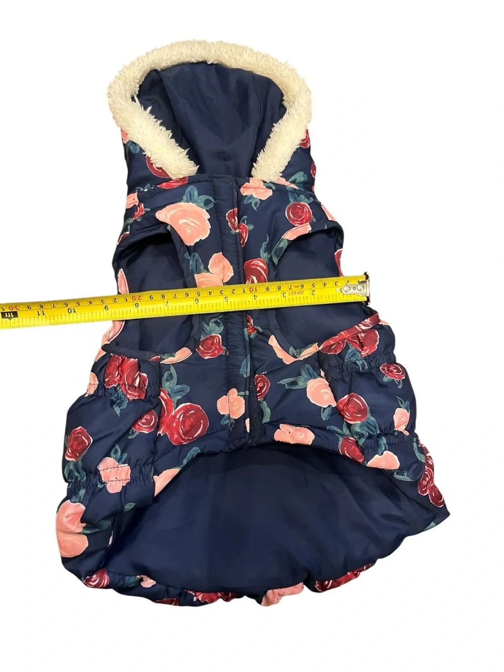 Navy Floral Puffer Dog Coat with Faux Fur Hood